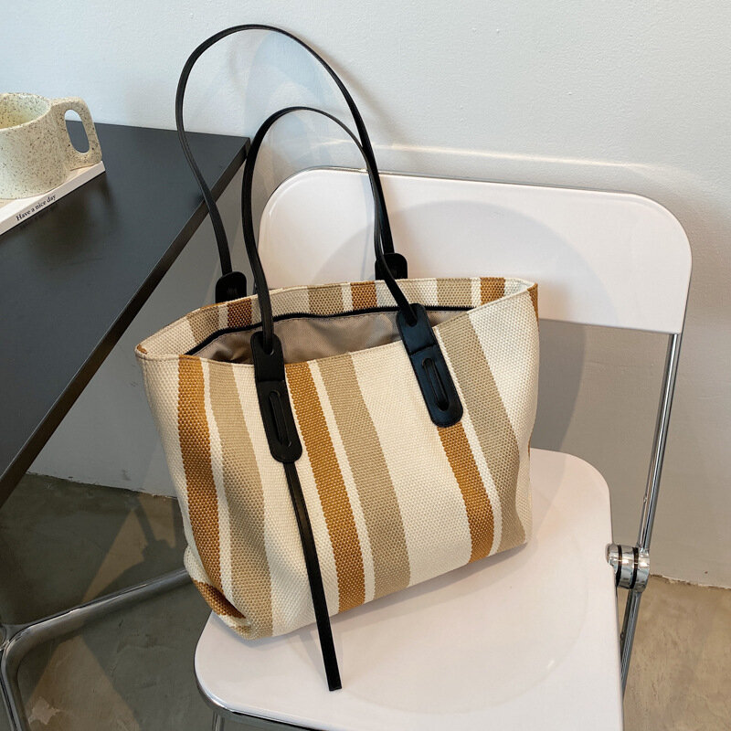 Luxury Stripe Designer High Capacity Handbag for Women 2021 Fashion Brand Designer Shopper Canvas Tote Shoulder Bag Purses Brown