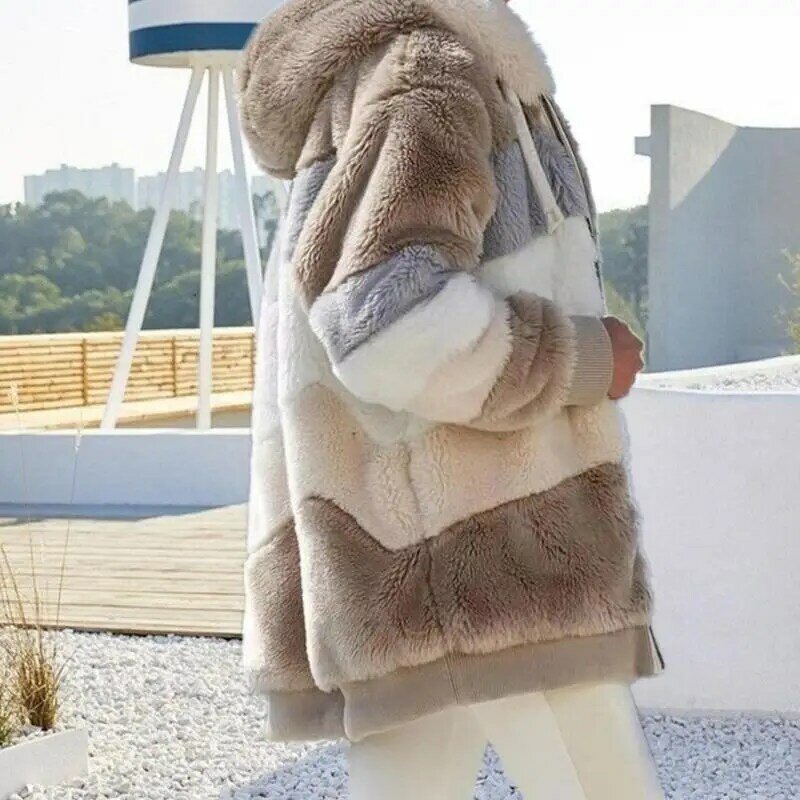 Inverno moda feminina casaco novo casual com capuz zíper xadrez cashmere senhoras casacos de costura roupas senhoras n8o8