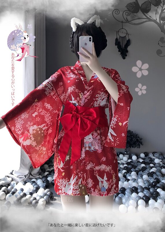 Kimono japonés de amor para mujer, lencería Sexy, kimono de conejo, bata de baño, traje de noche, uniforme de tentación