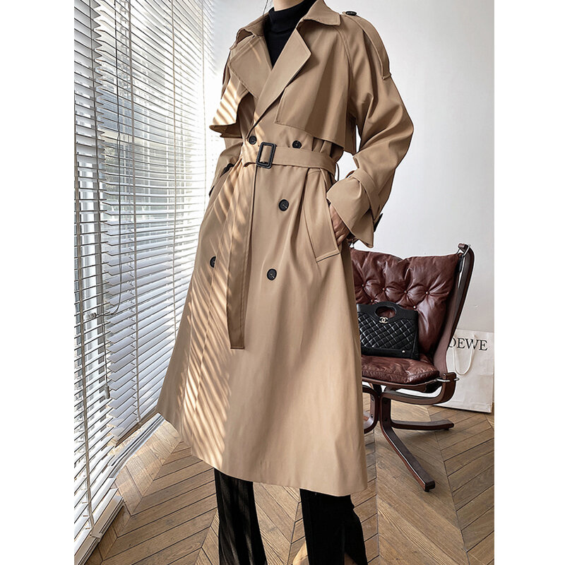 Gabardina elegante con cuello vuelto para mujer, abrigo holgado de manga larga con cinturón, moda de estilo británico, invierno, 2021