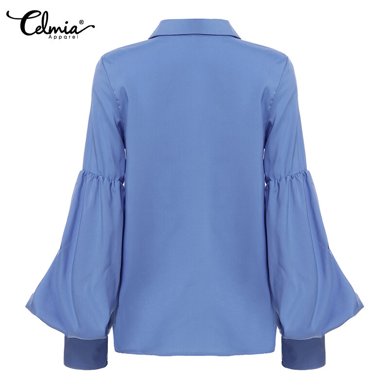 Top Fashion Celmia Women Long Puff Sleeve Blouse 2021 Autumn Buttons Casual Elegant Shirt Loose Solid Party Blusas Femininas