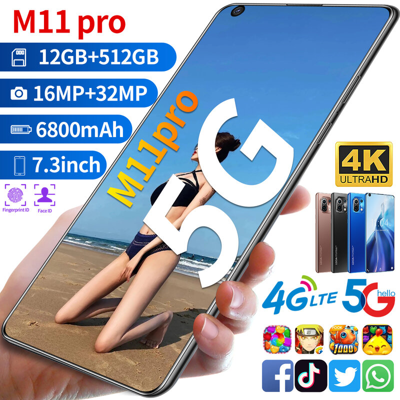 Nieuwste Xiao M11 Pro 6800Mah 7.3Inch Mobiele Telefoon Hot Selling 12Gb 512Gb 10 Core Nieuwste Mobiel 5G 4G Lte Smart Netwerk