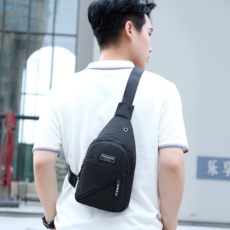 Male Fashion Double Zippers Solid Color Chest Bags Men Nylon Shoulder Bag Casual Outdoor Sports Large Crossbody Bags with Earpho