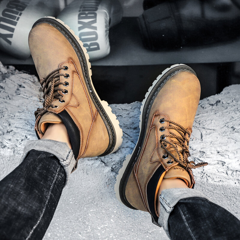 Botas de couro de inverno com pele chelsea botas para homem marrom masculino bota retro masculino botas trekking tamanho grande caminhadas bota trabalho