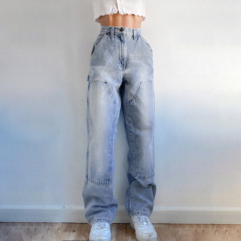 Jeans moda feminina básico azul aberto-costurado em linha reta calças de perna larga