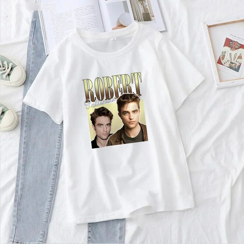Camiseta de manga corta con cuello redondo para mujer, Top básico informal con estampado de Robert Pattinson, color blanco, envío directo