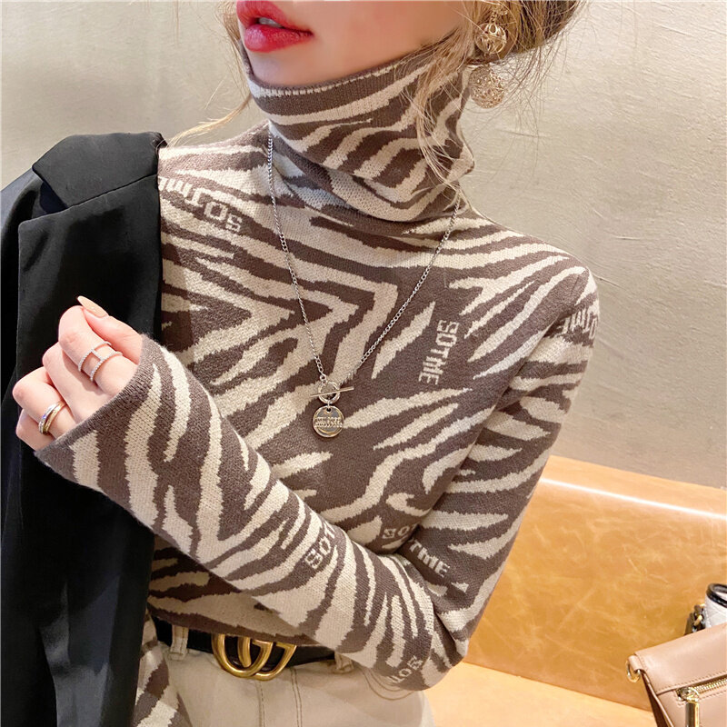 Suéteres gruesos para mujer, Jersey cálido de cuello alto, informal, a la moda, de leopardo, Top de punto, Otoño e Invierno