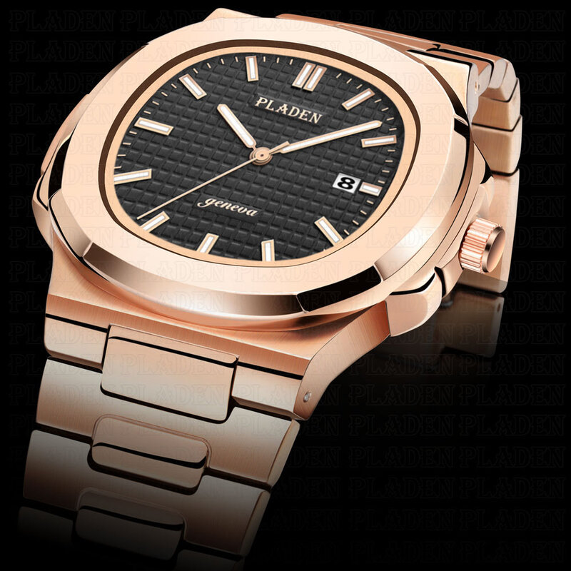 PLADEN Luxury นาฬิกาผู้ชาย Hip Hop สไตล์ Rose Gold Quartz กันกระแทก316L สแตนเลสนาฬิกา30Atm ดำน้ำ Montre homme