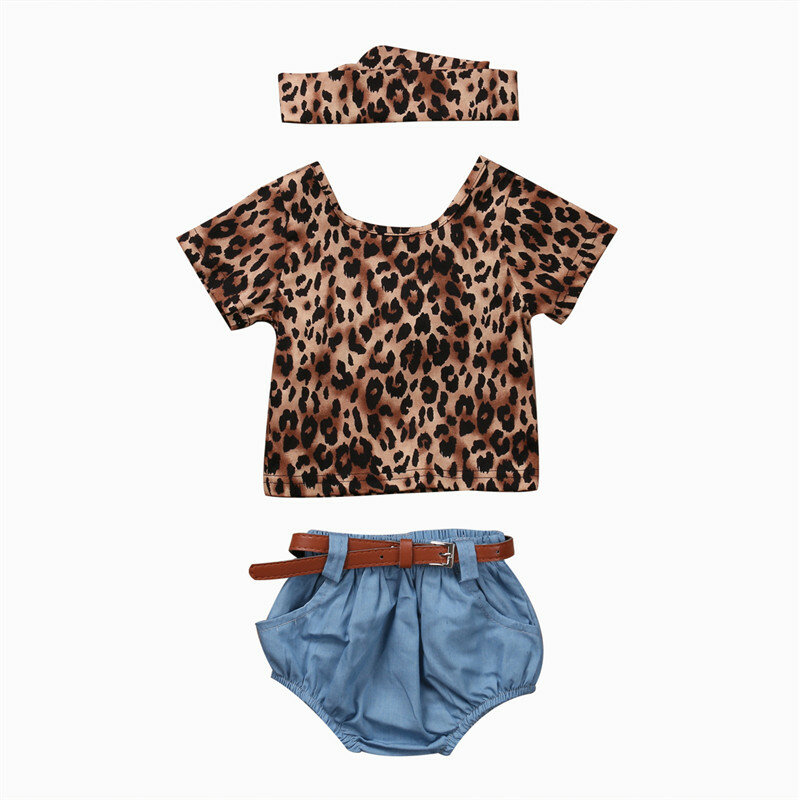 Комплект детской джинсовой одежды из 3 предметов для маленьких девочек летний Леопардовый топ с короткими рукавами + джинсовые штаны, одежд...