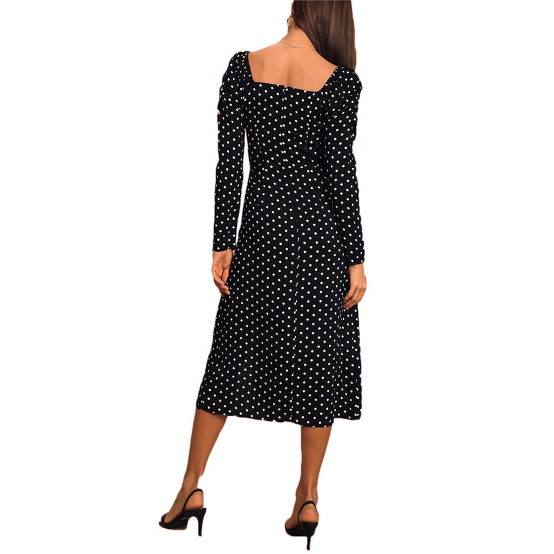 ชุดผู้หญิง2021ฤดูใบไม้ผลิ Vintage Black Polka Dot Midi แขนยาวชุด