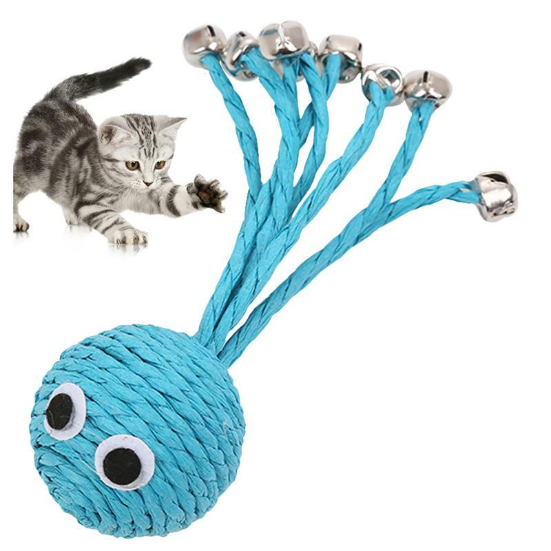 1 Buah Mainan Hewan Peliharaan Gurita Dianyam dengan Tali Kertas Mainan Hewan Peliharaan dengan Bel Penggiling Mainan Kucing Bola Mainan Interaktif Perlengkapan Lucu