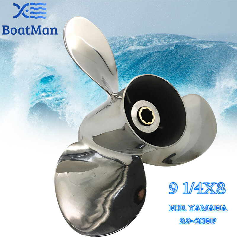 Hélice de popa 9 1/4x8 para yamaha, peças e acessórios de barco com 8 emenda, aço inoxidável, para modelos 9.9hp f9.9 15hp f20