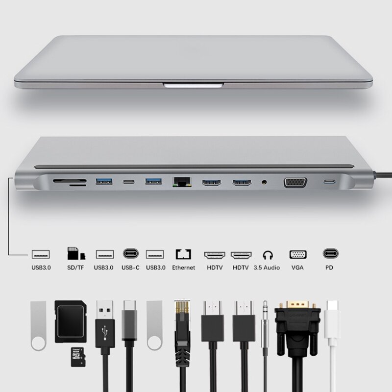 12-In-1 USB Type-C 허브-듀얼 HDMI-compati Rj45 멀티 USB 3.0 전원 어댑터 도킹 스테이션 (노트북 지원) Pd 전송