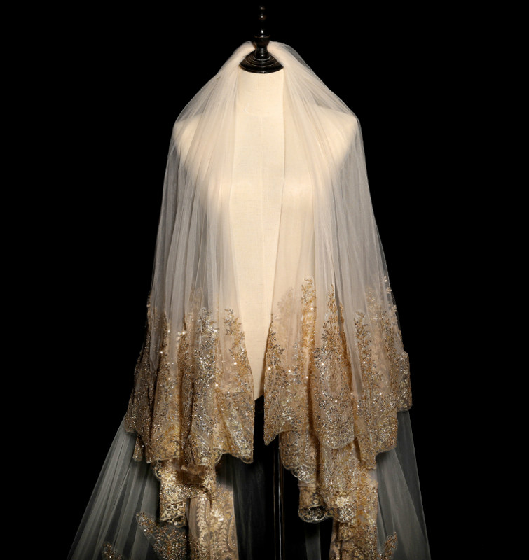 Novo duas camadas 3m laço dourado longo véu de casamento véu nupcial com pente de novia