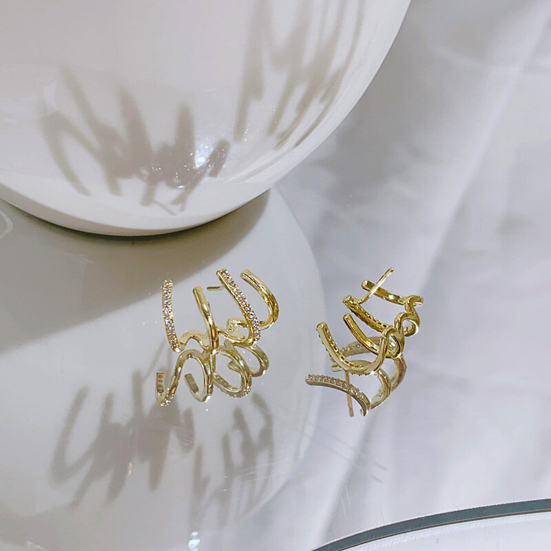Pendientes de circonita multicapa chapados en oro Real para mujer, aretes pequeños de plata 925, accesorios de joyería de tendencia brillante
