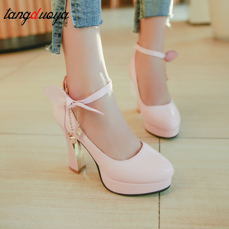 Thick platform high heels lolita shoes bow female shoe heels women's shoes heel thick crust Pink female shoes woman party