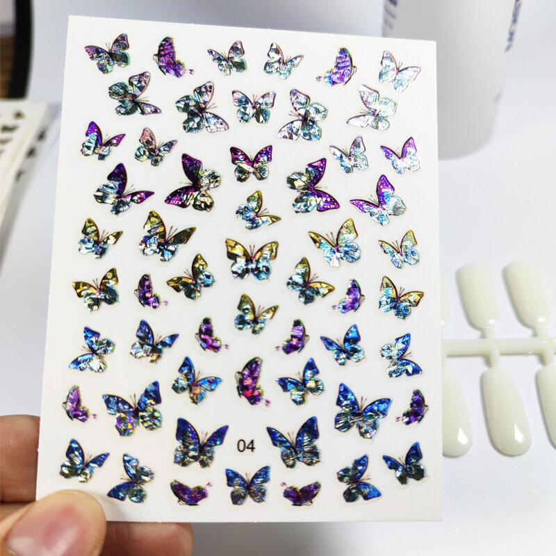 1pc Holographic Blue Nail Stickers Pink Colorful Butterfly Art Sticker With Adhesive DIY Extension Flowers Rose Nail Decoration