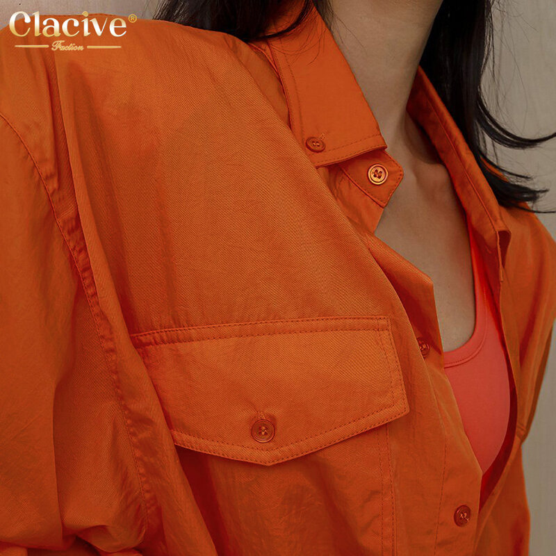 Clacive 오렌지 패션 여성 블라우스 캐주얼 느슨한 긴 소매 사무실 숙녀 셔츠 우아한 싱글 브레스트 블라우스 및 셔츠
