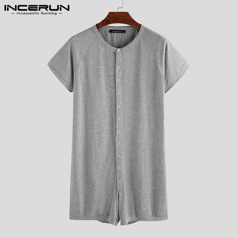 INCERUN-Pijama de moda para hombre, mono transpirable con botones, manga corta, ajustado, color sólido, ropa de casa, S-5XL, 2022