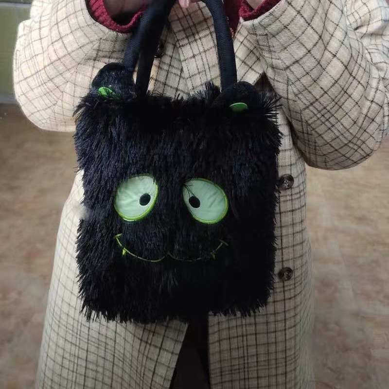 Xiuya Street Black Shoulder Bag Korea Cute Demon Embroidered Small Handbag For Phone 2021 Fur Bag Top Handle Pockets Pouch