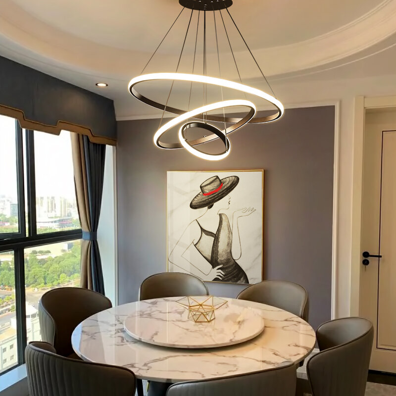 Lámpara Led colgante moderna para comedor, cocina, loft, hogar, círculo negro, anillo redondo, accesorio de luz