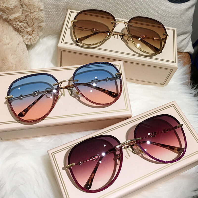 Óculos de sol feminino sem armação, óculos de sol da moda, sem armação, com strass de imitação de cor gradiente, óculos de sol uv400 para mulheres