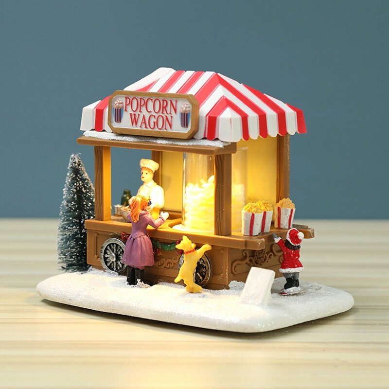 عيد الميلاد عربة تناول الطعام الفشار مضيئة منزل صغير الحلي زينة عيد الميلاد هدايا العيد الفشار عربة