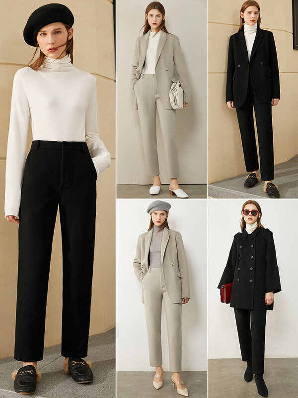 Amii minimalismo jaqueta de inverno para mulher 100% lã sólida cinto blazer inverno casaco feminino causal cintura alta sólida calças 12120380
