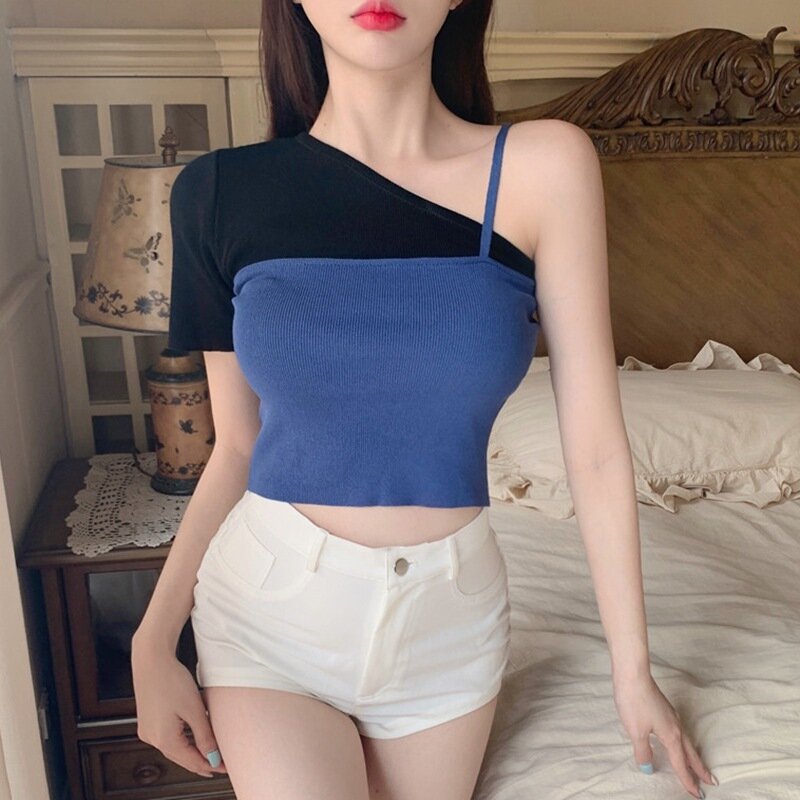 Camiseta feminina estilo irregular, design exclusivo, sexy, versátil, de malha, manga curta, tops 2021, moda coreana, roupas de verão