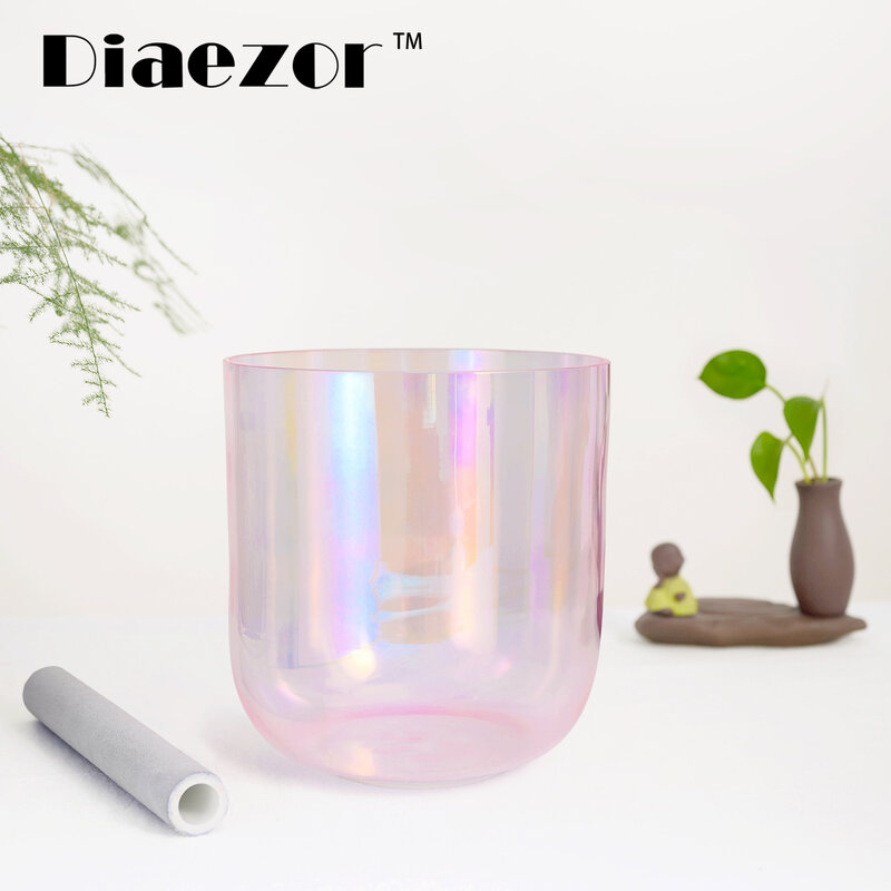 Diaezor 6 Inch Color Clear Cosmic Light Chakra Crystal Singing Bowl For Meditation with hollow suede stick & o-ring