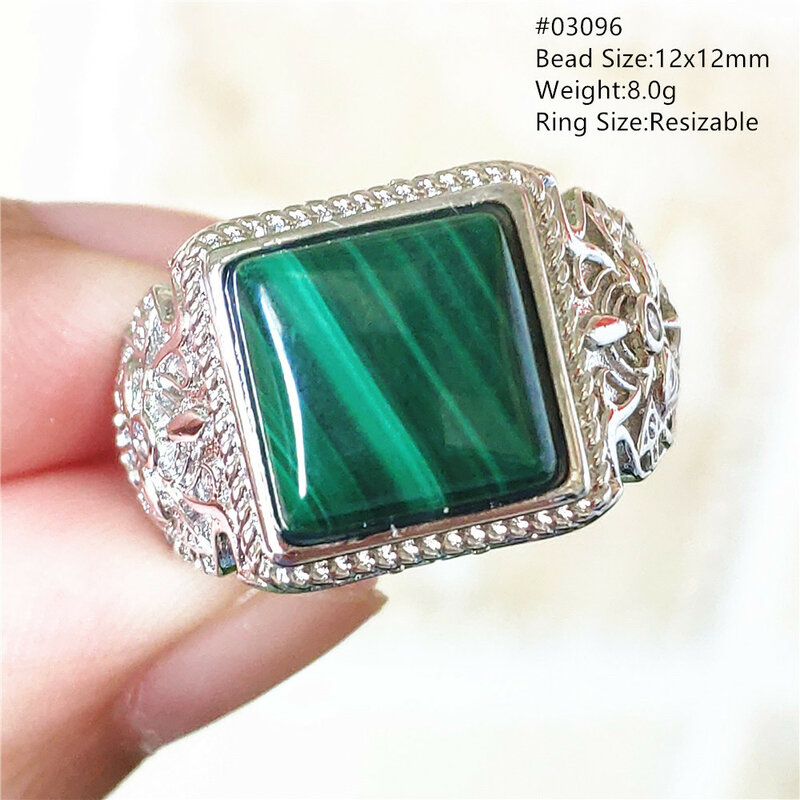 Natural Malachite Green Chrysocolla Adjustable Ring Woman Men Rectangle 925 Sterling Silver Malachite 14x10mm Crystal Ring AAAAA