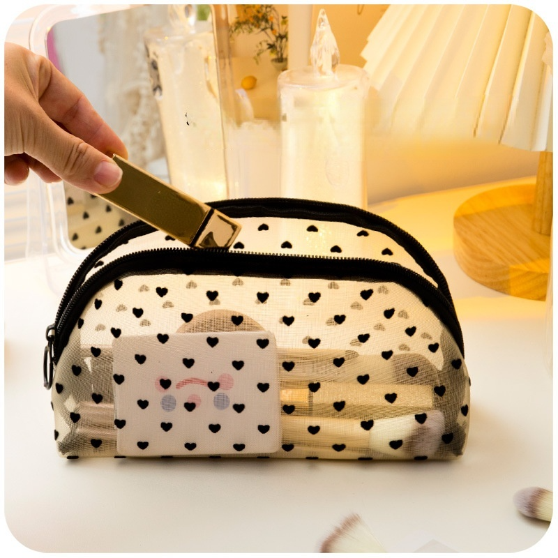 여성용 휴대용 메이크업 가방, 귀여운 하트 메쉬 투명 미니 립스틱 보관 가방, 캐주얼 지퍼 화장품 가방