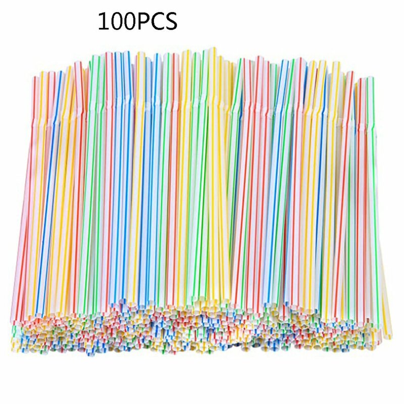 100pcs Disposable Plastic Drinking Straws Multi-Colored Striped Bendable Elbow Straws Party Event Alike Supplies Color Random