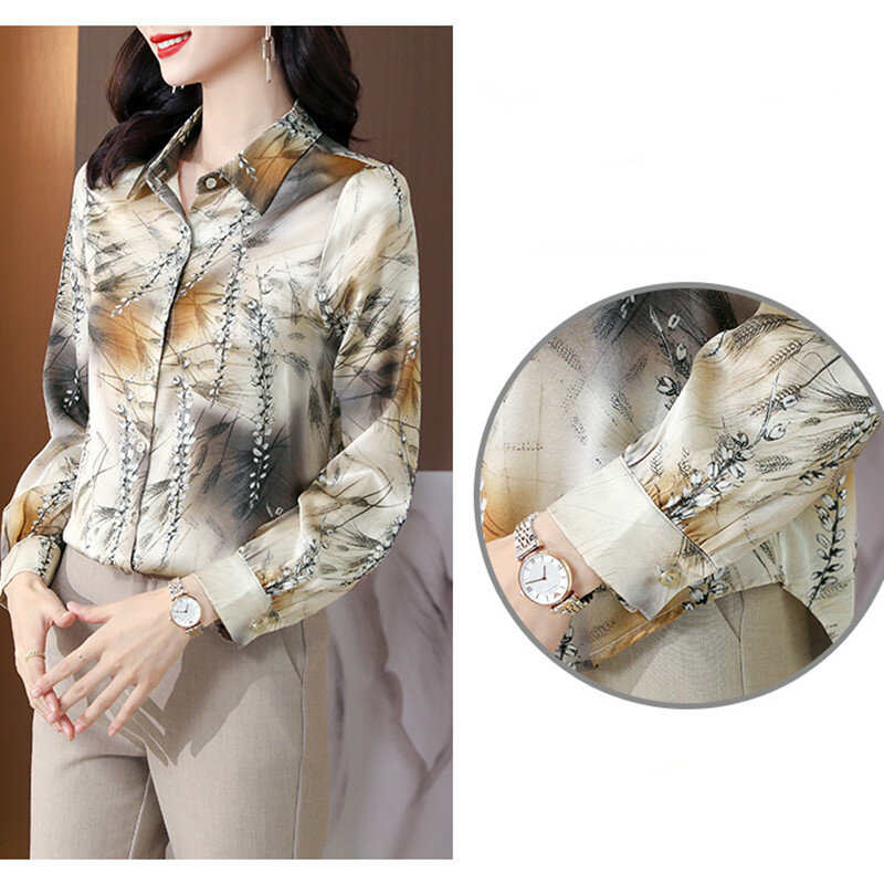 Camisa de gasa con estampado Floral para mujer, blusa básica Vintage de manga larga con botones, cuello tipo Polo, a la moda, 2022