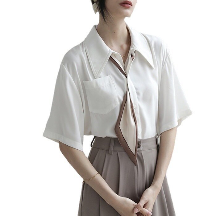 Camiseta blanca con lazo para mujer, camisa profesional de gasa blanca, Top de manga corta para mujer 21-2021, novedad de verano 1146