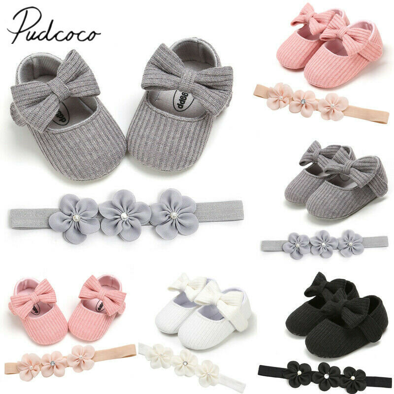 Zapatos de cuna para primeros pasos de bebé, niño niña, lazo suave, suela para bebés, vestido sólido + diadema, 2 uds., 2020