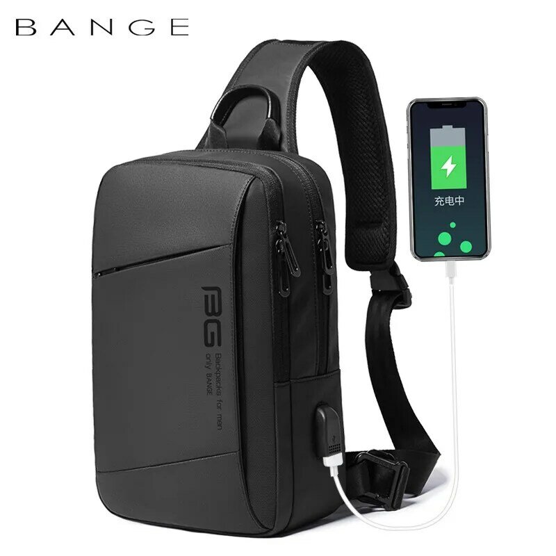 남자를위한 BANGE 다기능 Crossbody 가방 USB 충전 가슴 팩 메신저 남성 방수 어깨 가슴 가방 확장 가능한 새로운