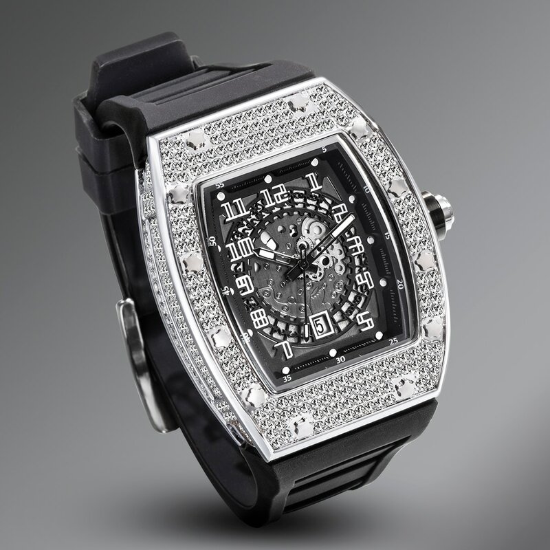 Montres uniques pour hommes, marque de luxe, Date automatique, en caoutchouc noir, à Quartz, diamant lumineux, horloge masculine