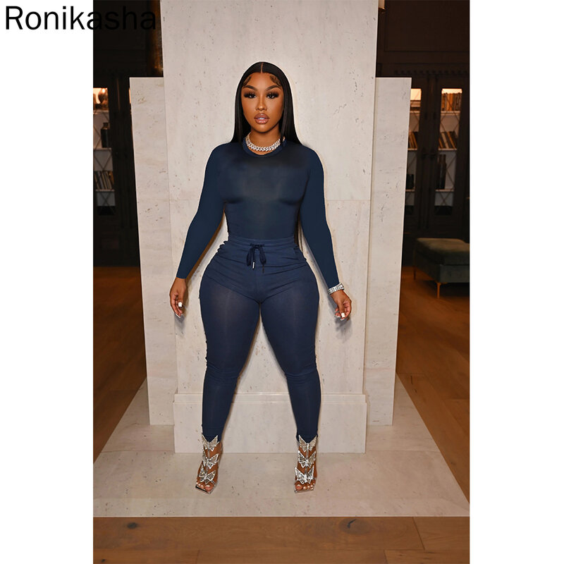 Ronikasha-Conjunto de dos piezas con cordón en la cintura para mujer, Top de manga larga y pantalones elásticos con bolsillo, chándal informal, Color sólido, otoño