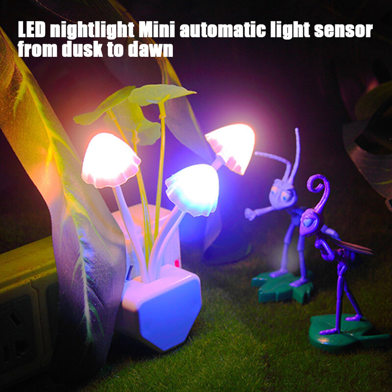 Luz nocturna con Sensor de hongos, lámpara de seta colorida de 220V, 3 LED, enchufe europeo y estadounidense, novedad