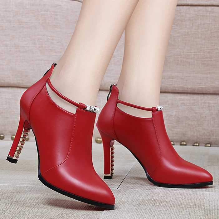 2021new botas de inverno rasa dedo do pé redondo botas femininas vermelhas saltos finos zip ankle boots couro do plutônio zapatos de mujer