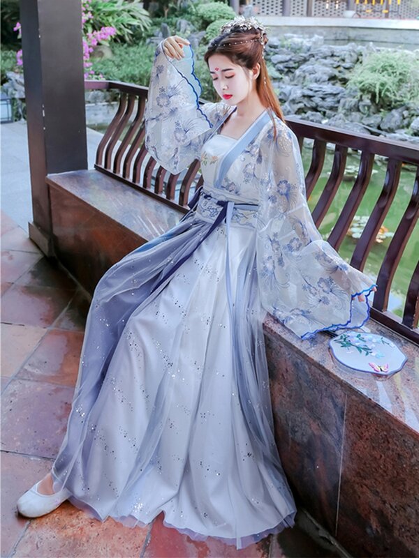 Вышитый китайский ханьфу, женский синий костюм для классических танцев, праздничный наряд, сказочное платье, традиционная одежда ханьфу дл...