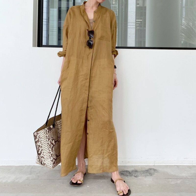 Vestido ajustado estilo camisa para mujer, ropa de manga larga con solapa de Color sólido, dobladillo de jengibre dividido, una hilera de botones, estilo japonés, primavera y verano, 2021