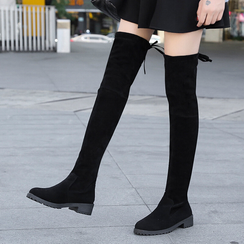 أسود مثير فوق الركبة أحذية النساء الإناث تمتد النسيج الفخذ أحذية عالية الشتاء امرأة طويلة بوتا الأنثوية Zapatos دي موهير