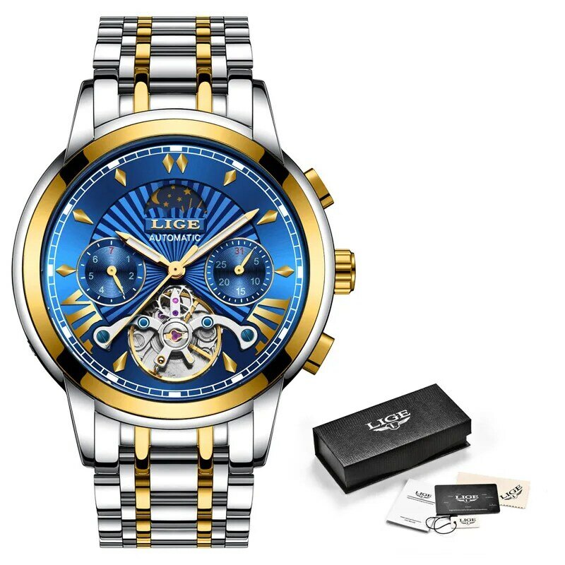 Lige relógios masculinos, relógios esportivos automáticos de aço inoxidável de marca famosa e luxuosa, 2020