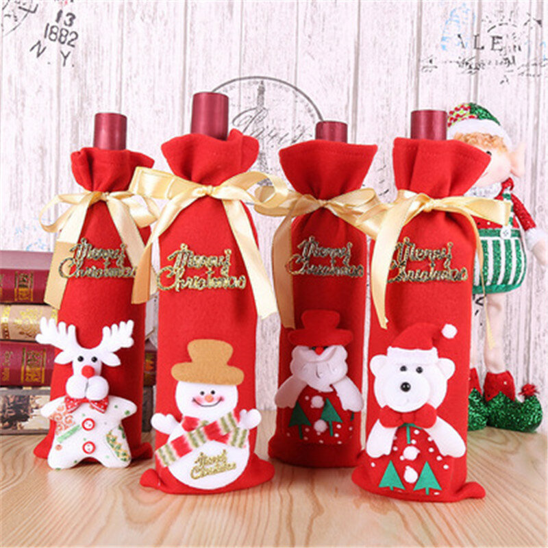 Penutup Botol Anggur Selamat Natal Dekorasi Ornamen Pesta untuk Pesta Rumah Makan Malam Mantel Mini Tas Botol Kisi Hadiah Tahun Baru