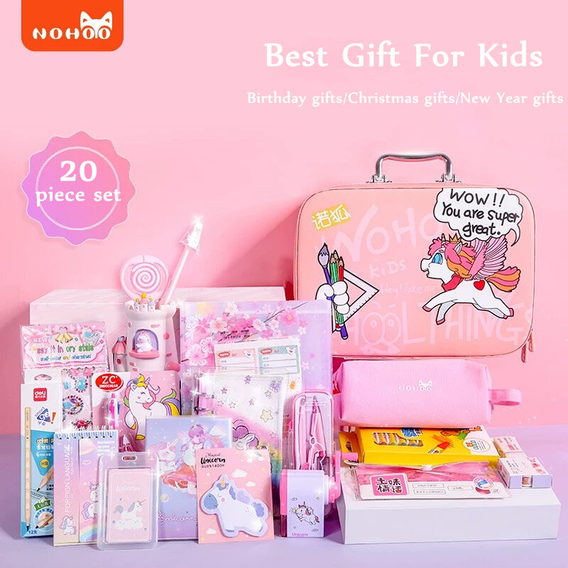 NOHOO-conjunto de papelería de unicornio para niños y niñas, caja de suministros para la escuela, regalo de cumpleaños de alta gama, 20 piezas, 2020