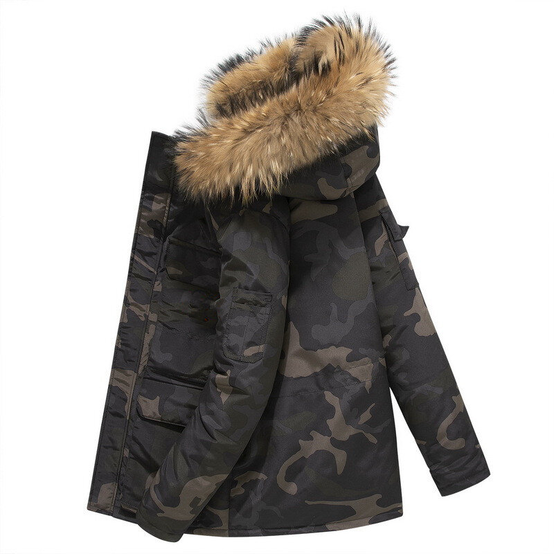 Men 'S Camouflage แจ็คเก็ตฤดูหนาวหนาสบายๆสบายๆ Slim ขนสัตว์ Hooded Coats Windbreaker สีขาวเป็ดลง Parka Overcoat
