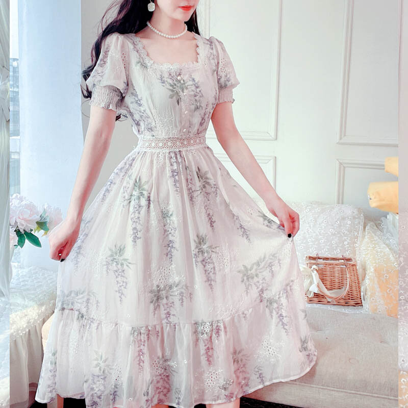 Literatura coreana e arte vintage elegante vestidos chique feminino casual renda vazada design floral vestidos verão colarinho quadrado 2021