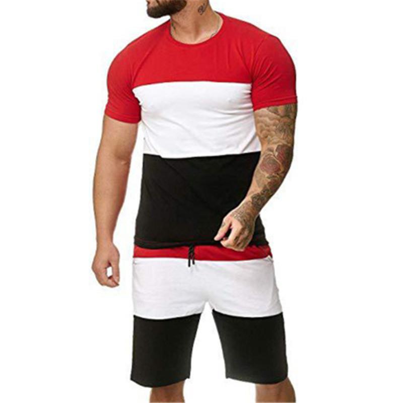 Conjunto deportivo para hombre, camiseta de cuello redondo estampada a rayas con pantalón corto en material de poliéster, chándal masculino de estilo informal y a la moda, 2 piezas